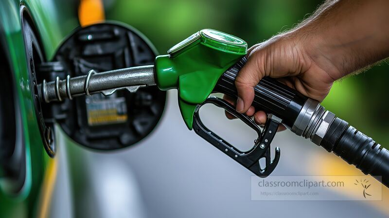 A person is refilling a green gas tank from a pump at a service station The setting is bright indicating mid afternoon surrounded by greenery