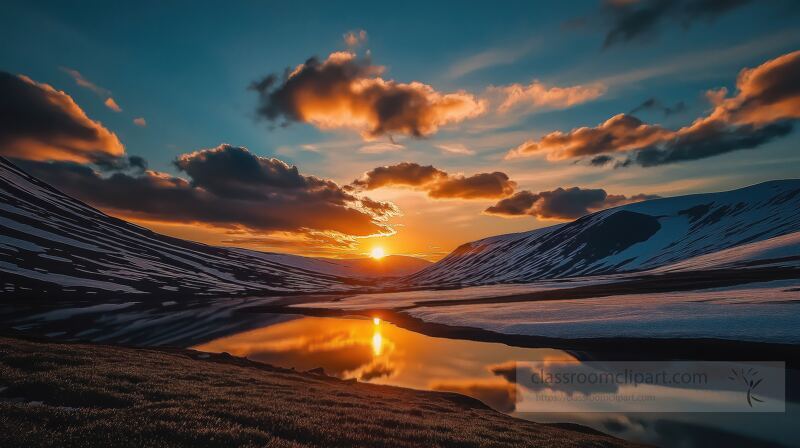 Sunlight dances on a serene arctic lake as the day transitions into night, casting warm hues across snow capped mountains, creating a tranquil summer ambiance.