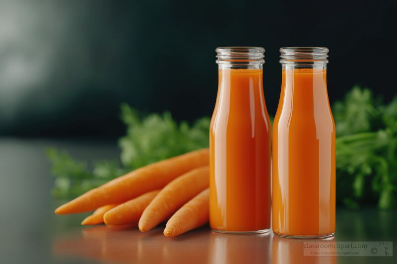 Two elegant glass bottles filled with vibrant carrot juice sit on a smooth surface accompanied by whole unpeeled carrots. This composition highlights health and vitality.