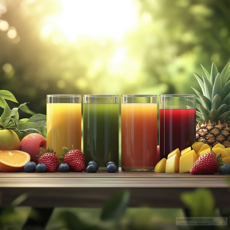 Refreshing Fruit Juices on a Wooden Table in Sunlight