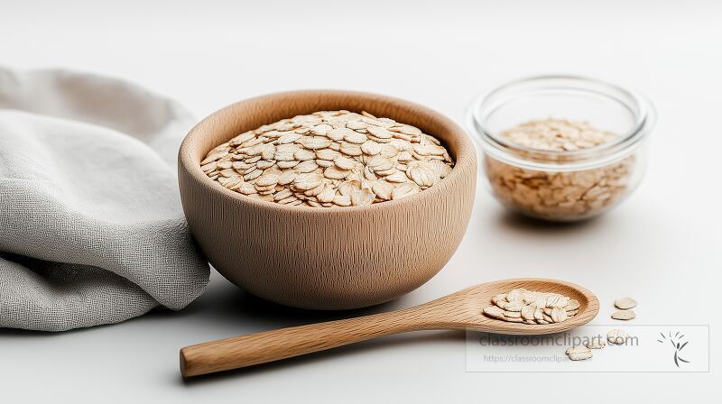 A wooden bowl filled with rolled oats sits on a flat surface next to a small jar of oats A wooden spoon rests beside the bowl emphasizing a cooking preparation scene