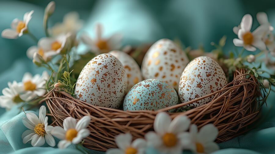 A basket holds pastel Easter eggs and spring flowers on turquoise fabric