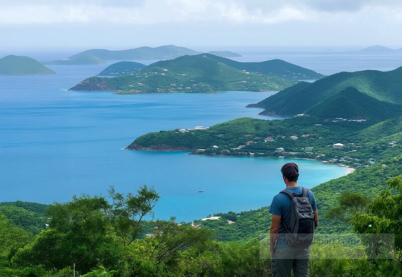 A hiker admires the stunning view of St Thomas Caribbean islands from a high vantage point Lush greenery envelops the coastline with calm waters glistening under the sky