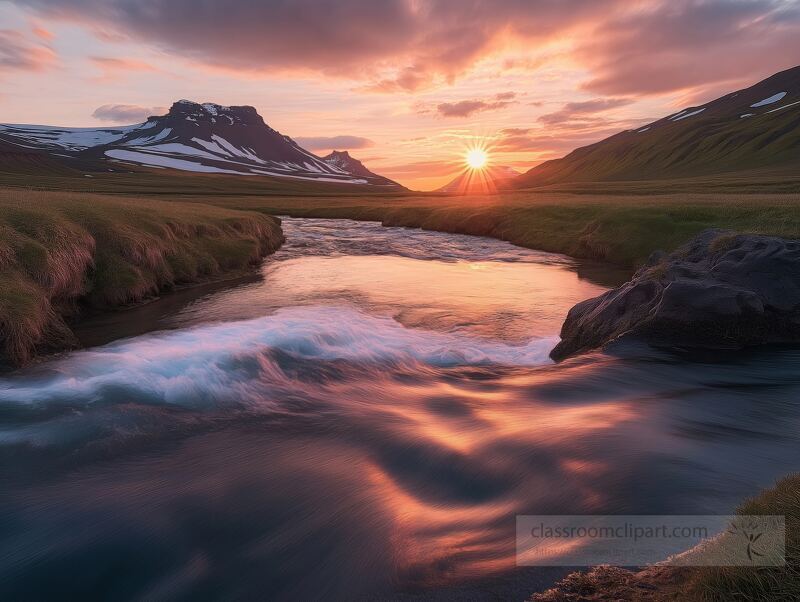 Golden light dances over an Icelandic river as the sun sinks behind majestic mountains. Gentle currents reflect hues of orange and pink, creating a peaceful evening atmosphere in nature.