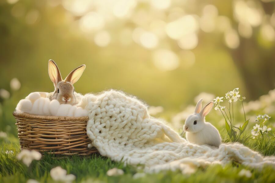 A peaceful setting features a wicker basket with a fluffy blanket and a bunny nearby on grass