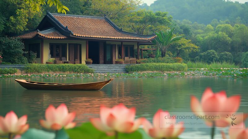 Nestled by a large pond, a traditional Vietnamese house stands gracefully, surrounded by blooming lotus flowers. A wooden boat floats gently in the serene water.