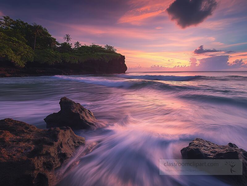 Waves gently lap at the rocky shoreline of batu karang during a breathtaking sunset, as vibrant colors paint the sky and the horizon melts into the sea, creating a peaceful atmosphere.