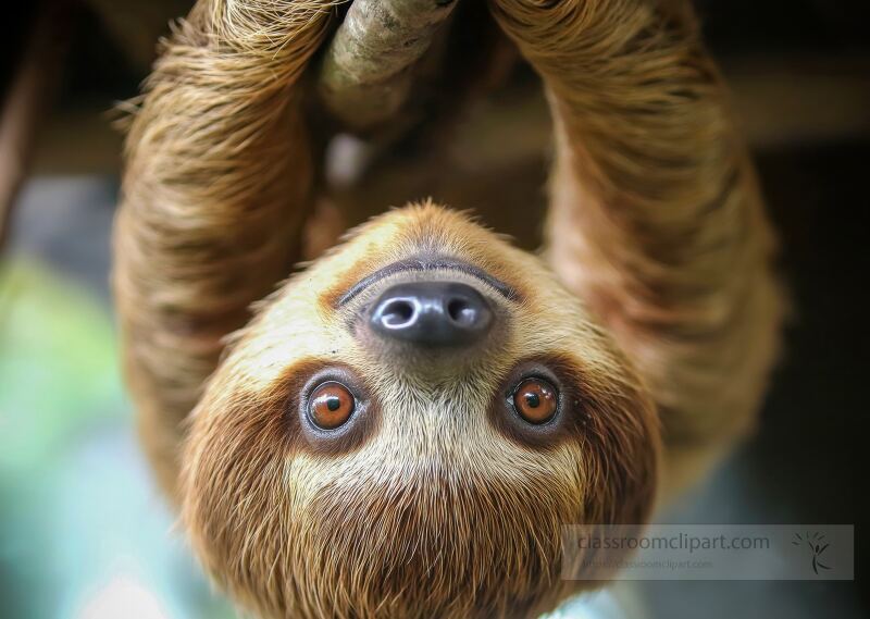 A sloth dangles upside down from a tree branch in Costa Rica Its expressive eyes are visible as it relaxes in the lush greenery The vibrant setting highlights the sloths unique lifestyle