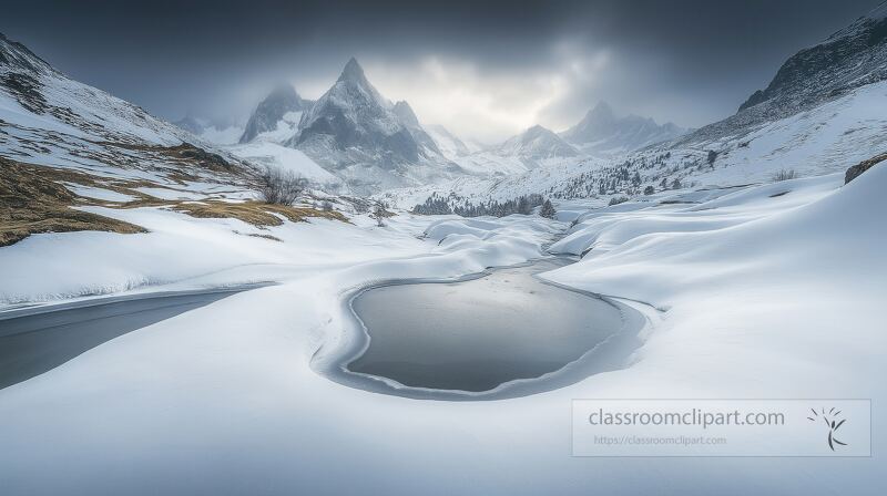 Majestic peaks rise dramatically above a tranquil snowy expanse, with gentle curves of ice and water catching the soft light of dawn, evoking a sense of serene beauty and peaceful solitude.