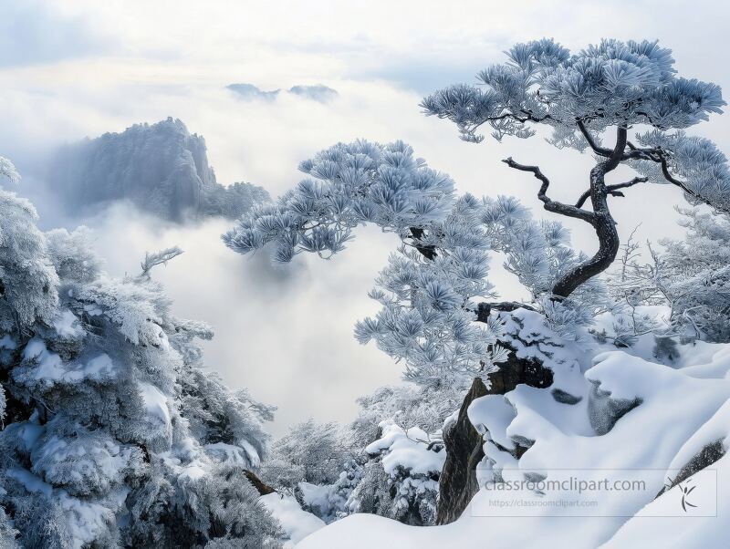 Snow covered trees stand gracefully in a quiet forest, their branches adorned with thick ice. A fog envelops the scene, enhancing the serene yet mysterious atmosphere of this chilly landscape.