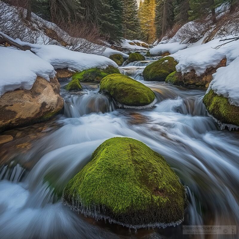 Snowy Mossy Rocks by Stream in Colorado Landscape