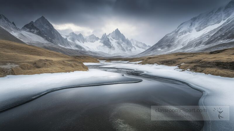 Towering snow capped peaks loom over a serene river winding through a pristine valley. Clouds gather, hinting at an approaching storm in this untouched landscape.