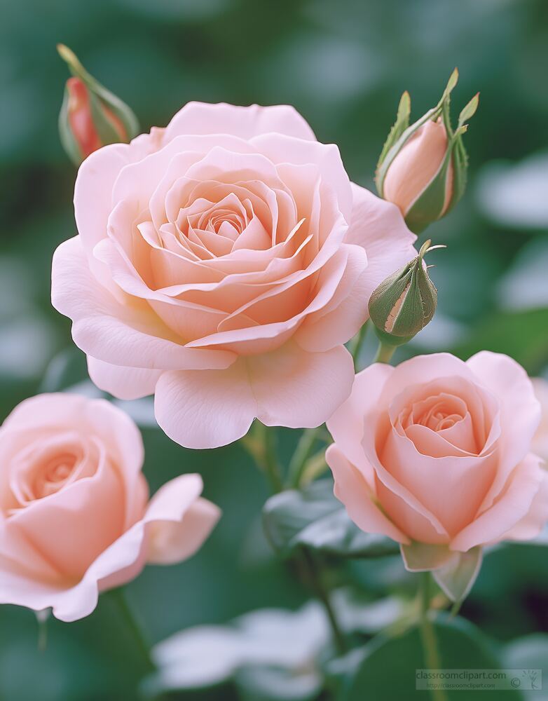 Soft Pink Roses Blooming in a Serene Garden Setting