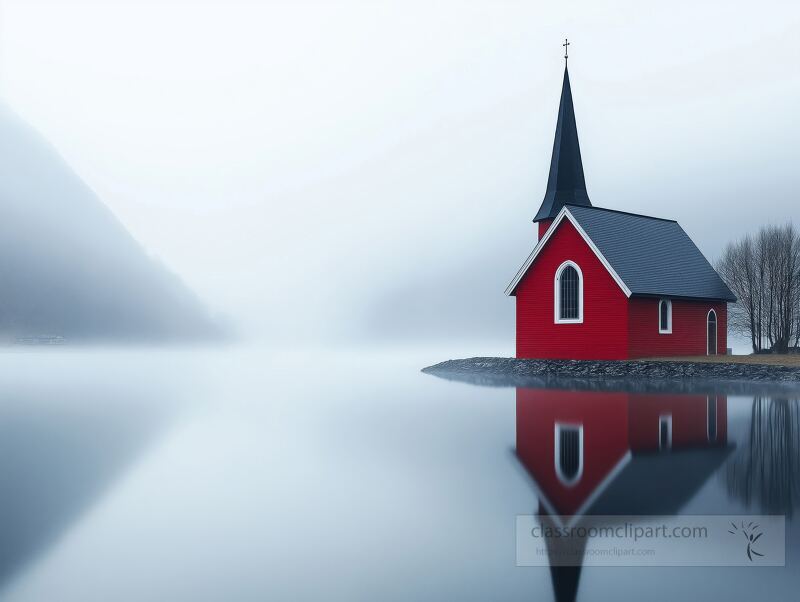 In a tranquil morning light, a solitary red chapel with a black spire sits gracefully amidst a misty valley. Crisp reflections shimmer on the glassy water, merging with the fog.