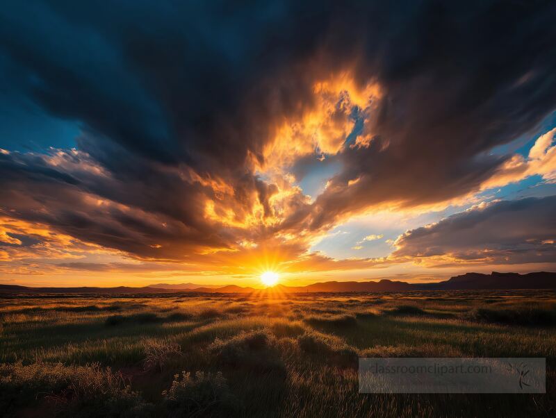 Golden hour illuminates the Arizona horizon, casting vibrant colors across a field. Dramatic clouds swirl as the sun sets, creating a captivating natural spectacle.