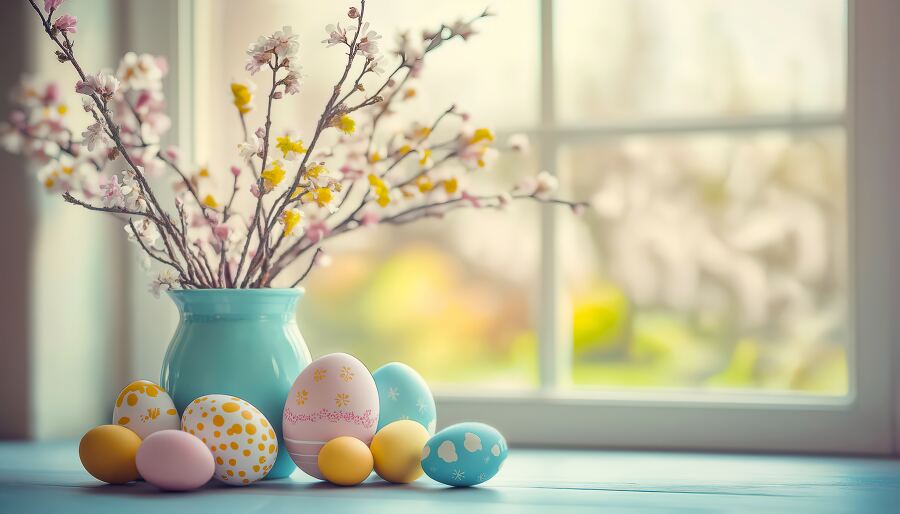 Colorful Easter eggs and blooming branches create a cheerful spring atmosphere by a sunny window