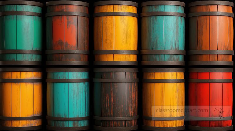 A collection of oil barrels stacked in a neat arrangement The barrels feature vibrant colors including blue yellow orange and red showcasing a variety of textures and finishes