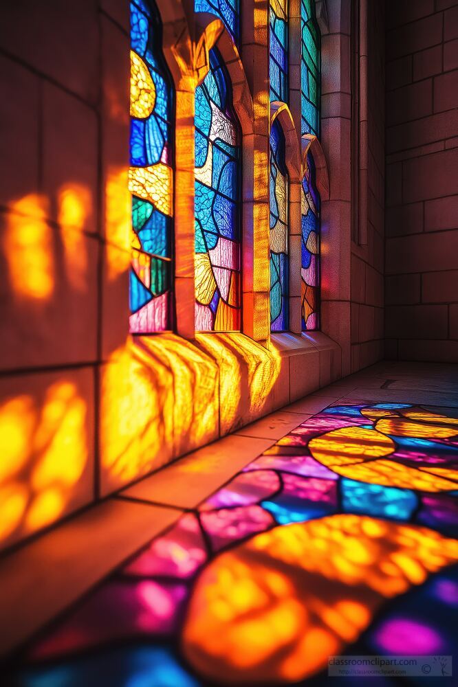 Stained glass windows with vibrant sunligh