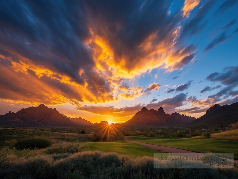 As the sun dips below the Arizona mountains, vibrant hues of gold and orange fill the sky. Clouds drift gracefully, enhancing the breathtaking sunset over the desert landscape.