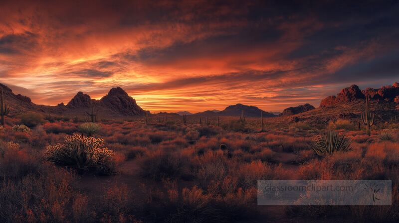 Breathtaking hues of orange and red fill the sky as the sun sets over a vast desert landscape outside Phoenix, Arizona. Majestic cacti and rocky mountains frame this tranquil view.