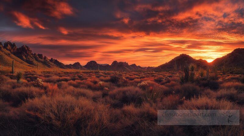 A breathtaking desert vista unfolds at sunset in Arizona. The sky ablaze with shades of orange and red illuminates the rugged mountains and vibrant cacti, creating a serene landscape.