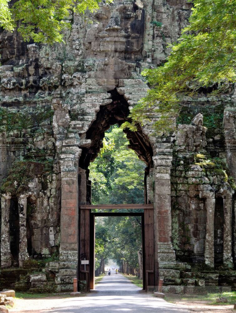 A majestic entrance leading to the ancient temple complex of Angkor Wat in Siem Reap Cambodia. Lush greenery surrounds the stone structure reflecting the beauty of the historical site and inviting exploration.