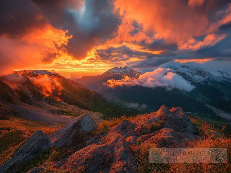 Vibrant sunset paints the sky in dynamic colors, casting shadows and illuminating details across rugged mountains and valleys. Masterfully captured with advanced editing for stunning realism.