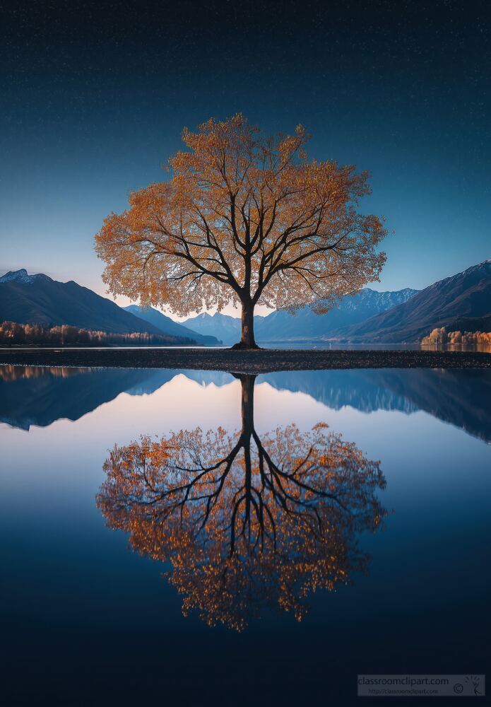 Stunning Twilight Reflection of a Tree on Calm Lake