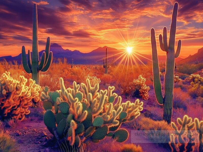 Warm tones of the setting sun illuminate the desert, highlighting tall cacti and vibrant flora. The tranquil atmosphere evokes feelings of peace in this secluded natural haven.