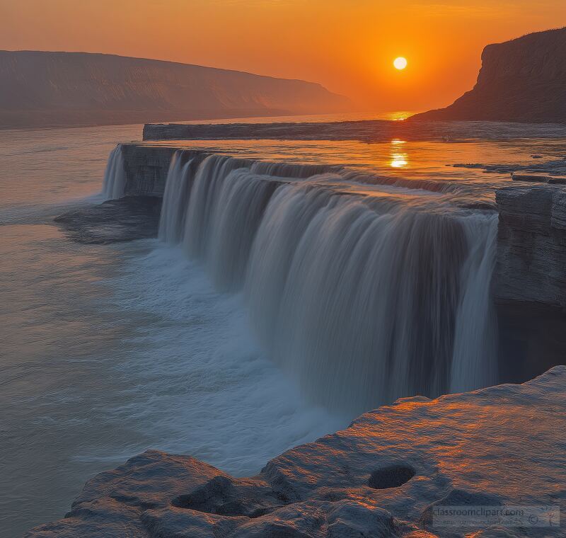 As the sun sets behind Hukou Falls mist rises from the cascading water creating a breathtaking spectacle. The vibrant hues of orange and gold illuminate the landscape inviting awe.