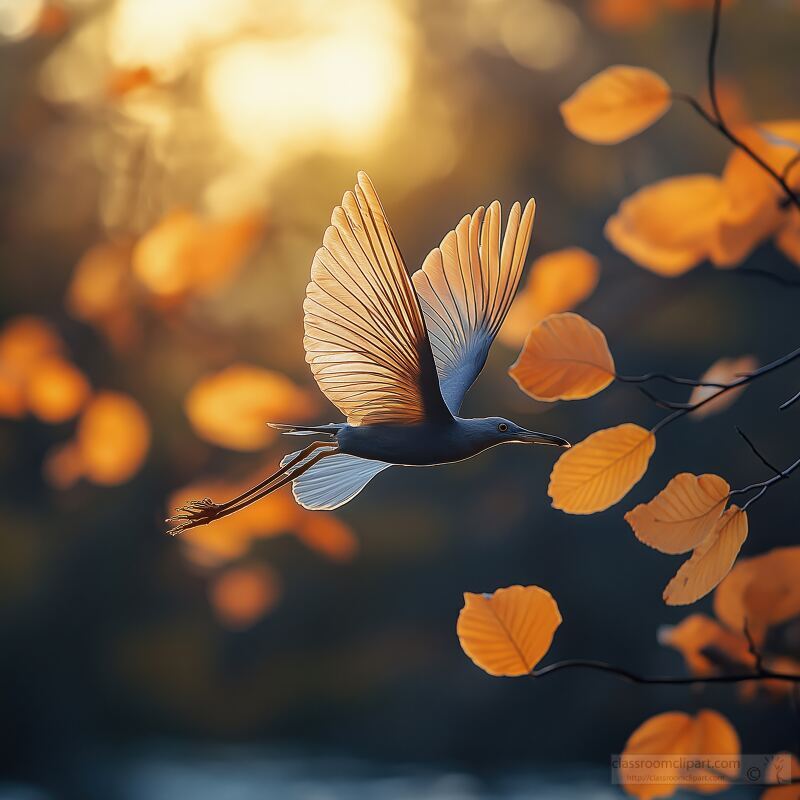 A bird soars gracefully through the golden light of sunset surrounded by brilliant yellow and red leaves. The tranquil atmosphere highlights the beauty of fall.