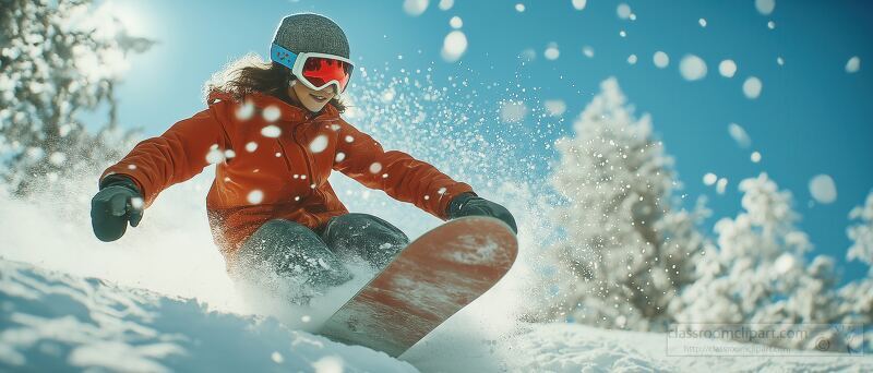 A spirited teenager showcases skill while snowboarding down a snowy mountain. Snowflakes burst from the board highlighting the vibrant winter landscape with hoarfrost kissed trees.