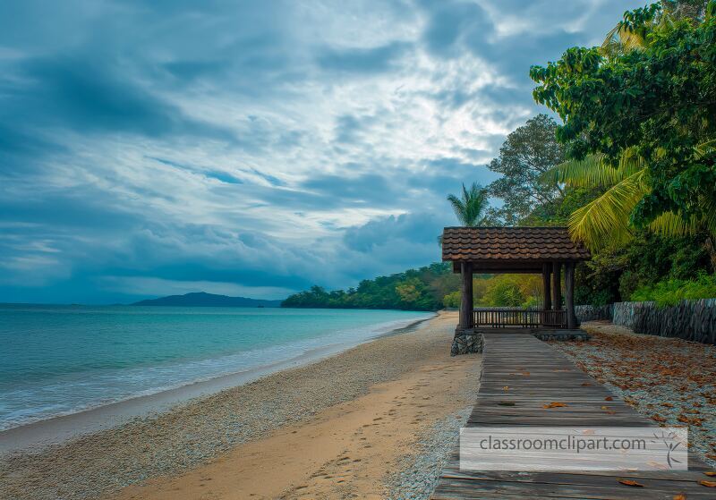 Calm waters lap against a sandy shore with lush greenery lining the beach A wooden pavilion offers a perfect spot for relaxation as morning light begins to break