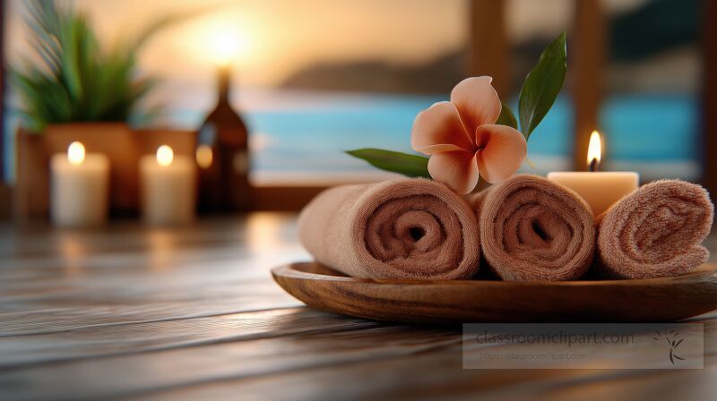 Soft light illuminates the peaceful atmosphere of a wellness spa Rolled towels rest on a plate beside a candle creating a serene setting for relaxation and rejuvenation