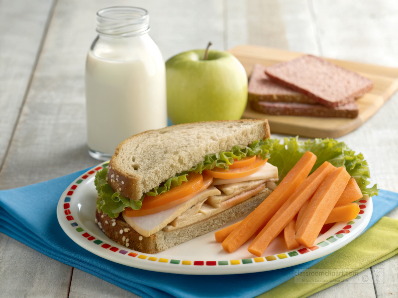 urkey sandwich on whole grain bread with apples crackers and a bottle of milk complete this kid friendly balanced meal