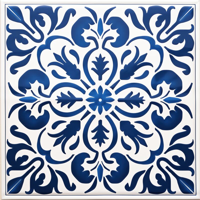 This intricate tile design showcases a beautiful pattern of swirls and floral motifs in striking blue against a white background highlighting traditional Portuguese craftsmanship