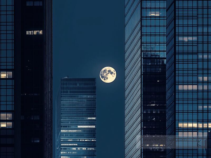 A glowing full moon casts its light over towering skyscrapers in an urban setting, creating a calm atmosphere against a dark sky filled with muted tones and metallic reflections.