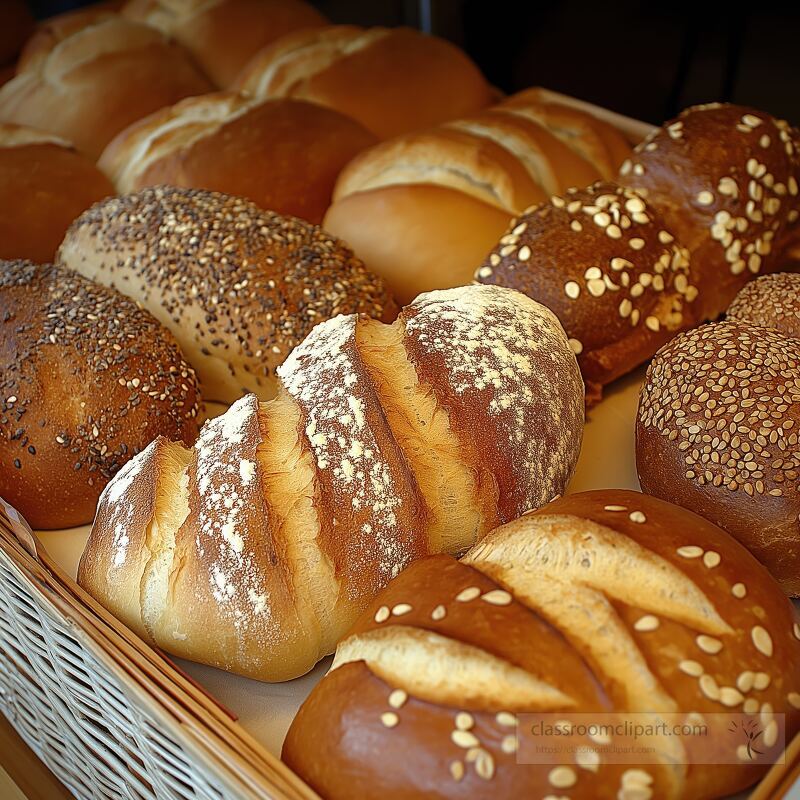 Different types of bread are arranged in a basket Fresh loaves include sesame rye and multigrain varieties showcasing their textures and colors Ideal for a bakery setting