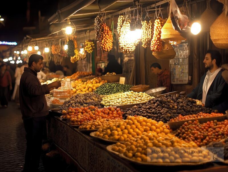 Bustling market in Marrakech comes alive as vendors display an array of fresh fruits. Warm lights illuminate the vibrant colors as shoppers explore the rich offerings.