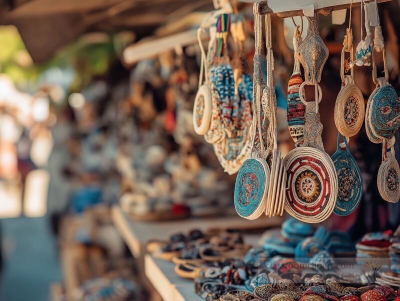 Colorful handmade crafts hang invitingly at a bustling stall on Vegueta street. Visitors explore unique treasures under the warm sun in Gran Canaria, celebrating local artistry and culture.