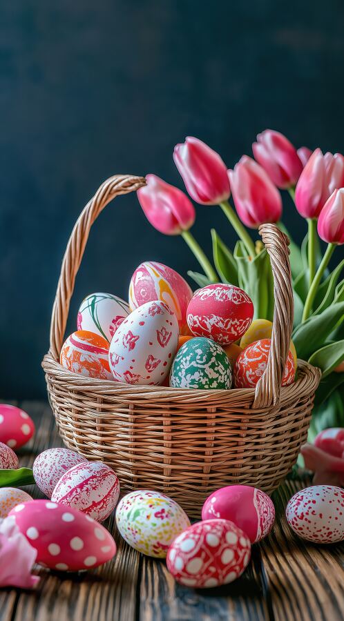 A colorful basket filled with painted eggs sits on a wooden table with tulips nearby