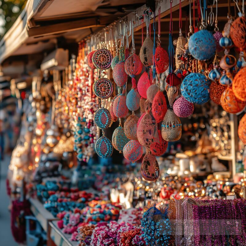 A close view of a colorful market stand adorned with red makramee decorations. Sunlight filters through, highlighting the pastel neon colors and intricate craftsmanship of the handmade items.