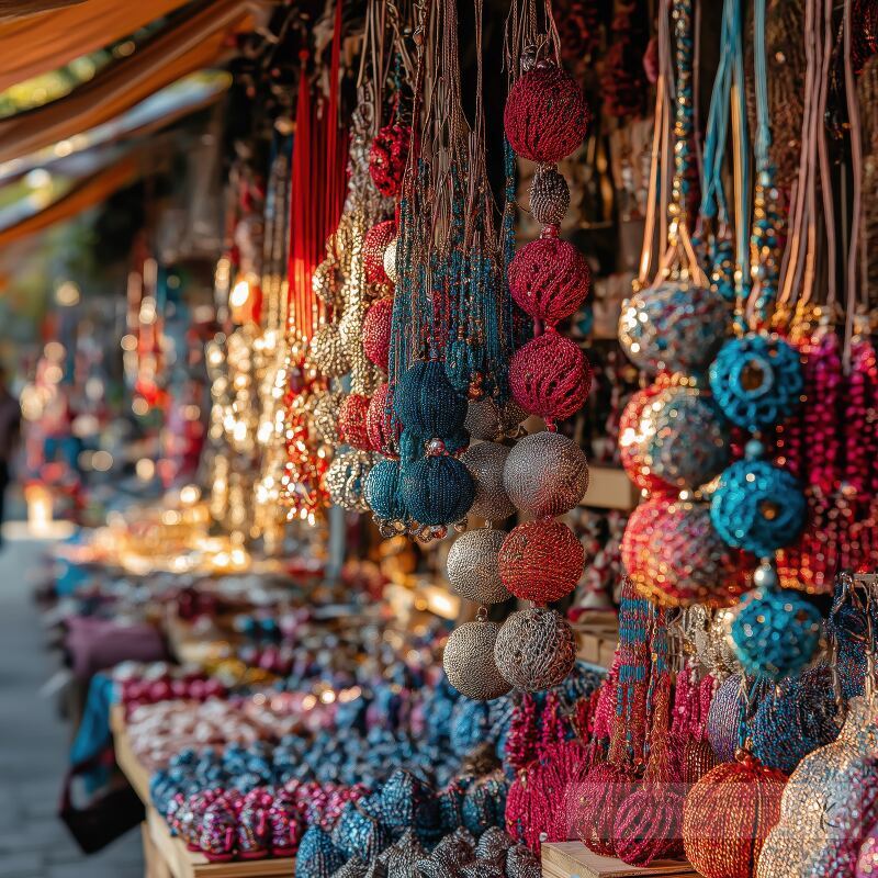 A bright market stand showcases an array of handmade macrame decorations in vivid shades of red and pastel neon colors. Sunlight bathes the stand, enhancing its lively atmosphere.