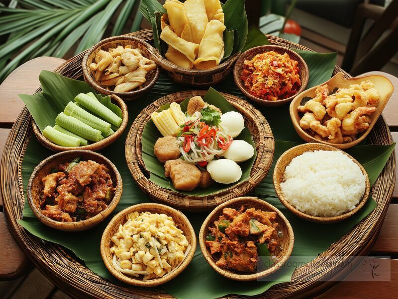 A beautifully arranged platter showcases various hai dishes, featuring colorful items such as fried snacks, savory meats, and fresh vegetables. It invites savoring and sharing a joyful meal.