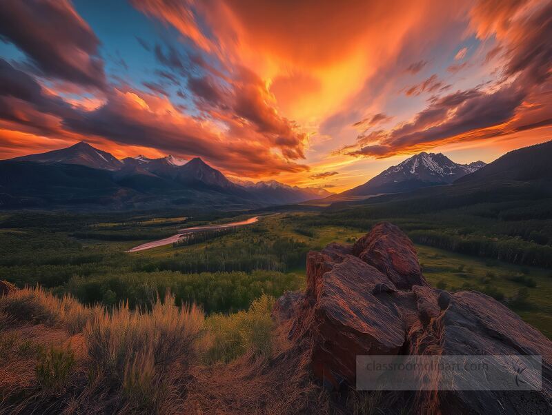 Golden sunlight cascades over rugged peaks, casting dramatic shadows on lush valleys. The sky erupts in vibrant colors as day transitions to night, creating a breathtaking tableau.