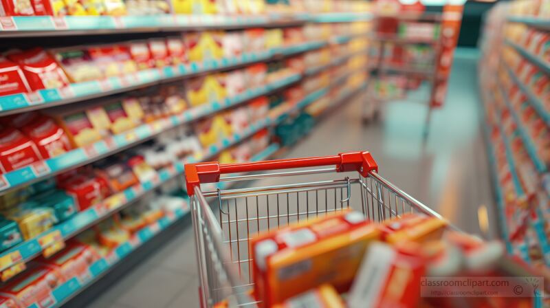 View of a Vibrant Food Store With Packed Shopping Trolley