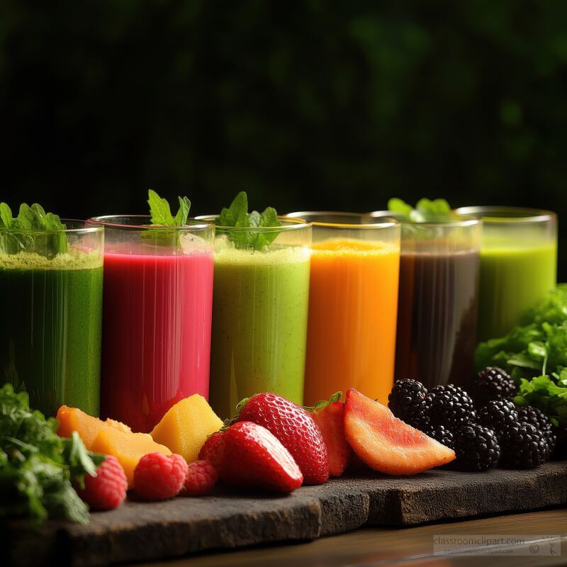 Vivid Natural Servings of Smoothies and Fresh Fruits