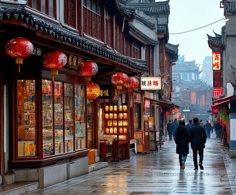 People stroll leisurely along quaint shops in old town Shanghai surrounded by traditional architecture and glowing lanterns The atmosphere feels vibrant and inviting perfect for exploration