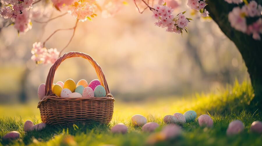 A bright Easter basket with colorful eggs and flowers sits under a cherry tree