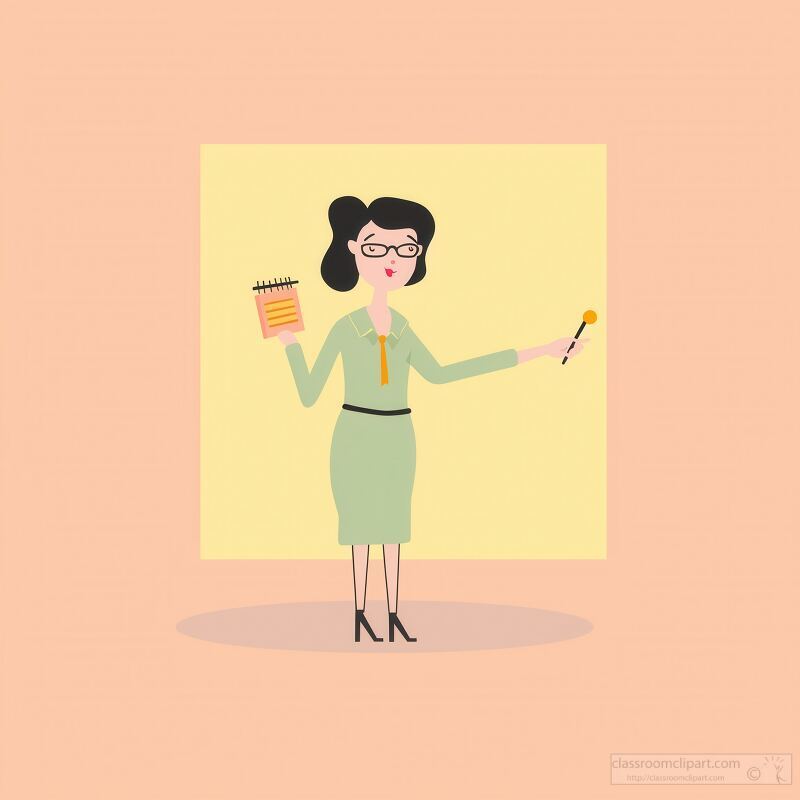 A whimsical teacher stands confidently in a minimalist classroom holding a notepad and a paintbrush. Bright pastel colors and playful visual puns brighten the atmosphere of learning and creativity.